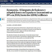 El importe de fusiones y adquisiciones en Espaa se increment un 19% en 2018, hasta los 115.912 millones